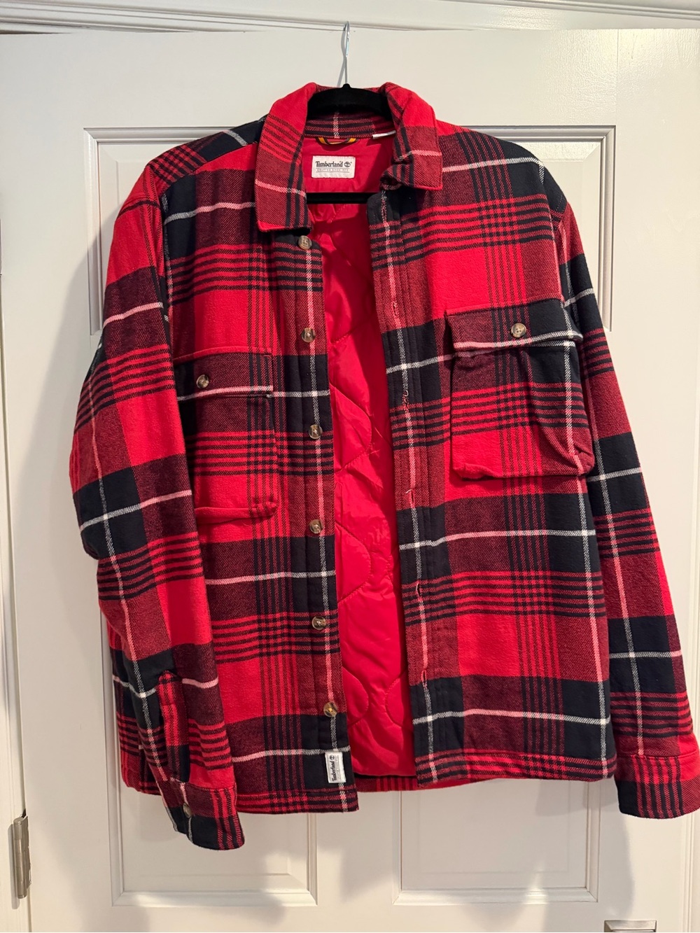 Timberland Red & Black Plaid Quilted-Lined Shirt Jacket